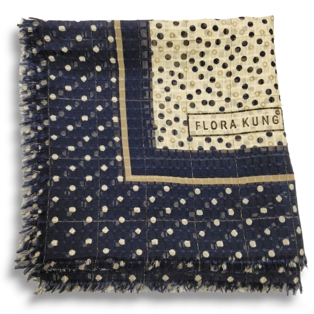 FLORA KUNG Square Shawl Scarf Geometric Pattern With Fringed Edge Blue Beige Tan